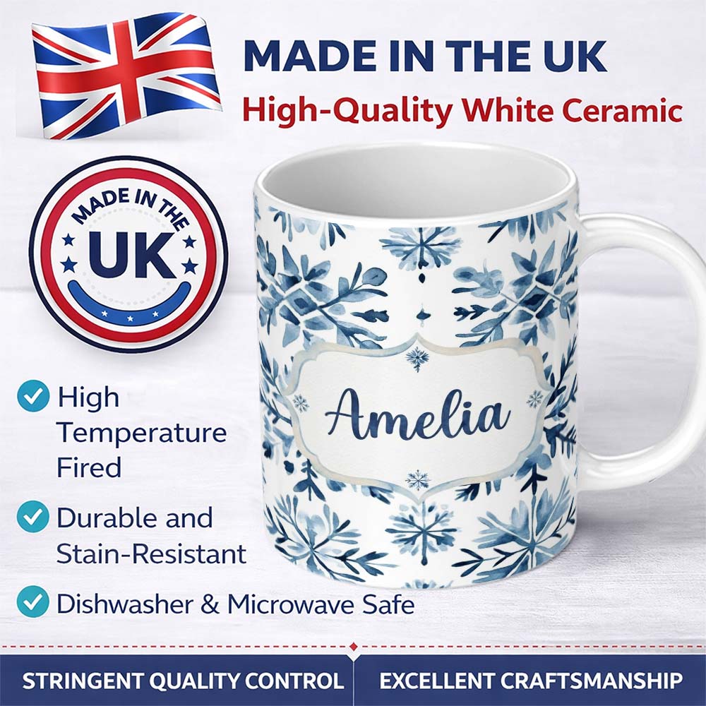 Personalized Custom Name Blue Watercolor Snowflake Floral Seamless Pattern Name Cute Unique 11oz Ceramic Coffee Tea Mug White Large Handle