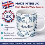 Personalized Custom Name Blue Watercolor Snowflake Floral Seamless Pattern Name Cute Unique 11oz Ceramic Coffee Tea Mug White Large Handle