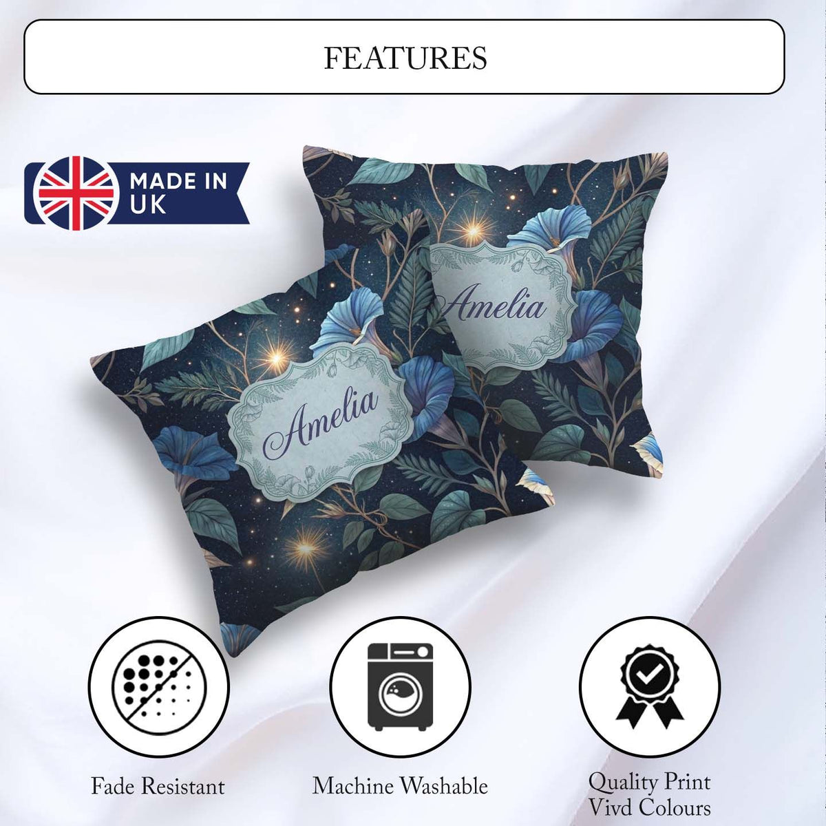 Custom Name Blue Floral Night Sky Botanical Stars Pattern Lovely Square Filled Cushion Throw Pillow Sofa Bed Home Decor Zip Washable UK Made