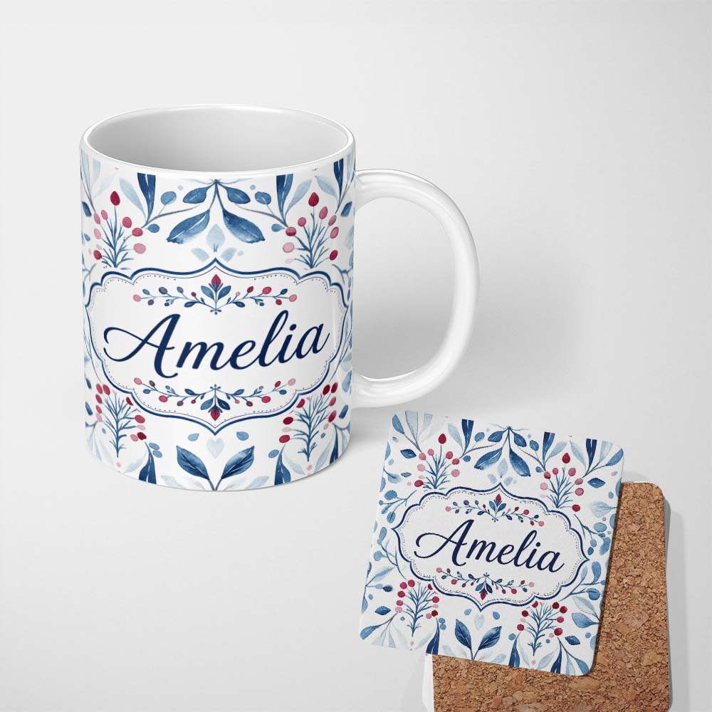 Personalized Custom Name Blue Red Berry Botanical Folk Art Seamless Pattern Name Cute Unique 11oz Ceramic Coffee Tea Mug White Large Handle