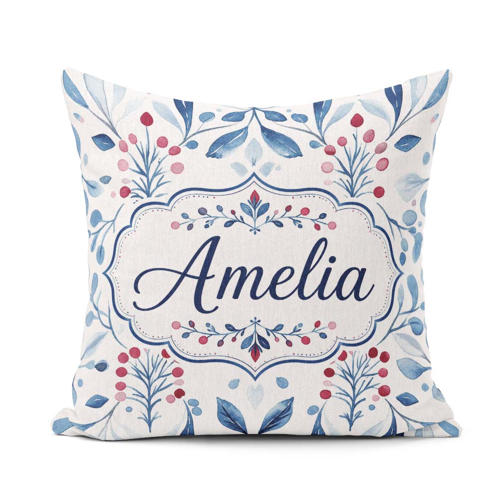 Custom Name Blue Red Berry Botanical Folk Art Seamless Name Cute Square Filled Cushion Throw Pillow Sofa Bed Home Decor Zip Washable UK Made