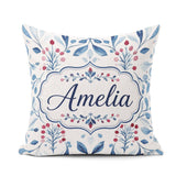 Custom Name Blue Red Berry Botanical Folk Art Seamless Name Cute Square Filled Cushion Throw Pillow Sofa Bed Home Decor Zip Washable UK Made