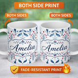 Personalized Custom Name Blue Red Berry Botanical Folk Art Seamless Pattern Name Cute Unique 11oz Ceramic Coffee Tea Mug White Large Handle