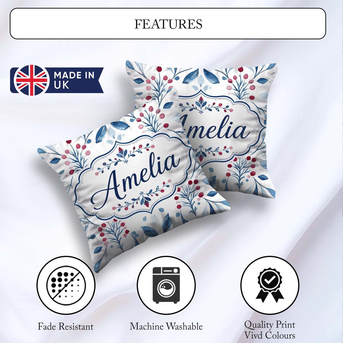 Custom Name Blue Red Berry Botanical Folk Art Seamless Name Cute Square Filled Cushion Throw Pillow Sofa Bed Home Decor Zip Washable UK Made