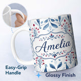Personalized Custom Name Blue Red Berry Botanical Folk Art Seamless Pattern Name Cute Unique 11oz Ceramic Coffee Tea Mug White Large Handle