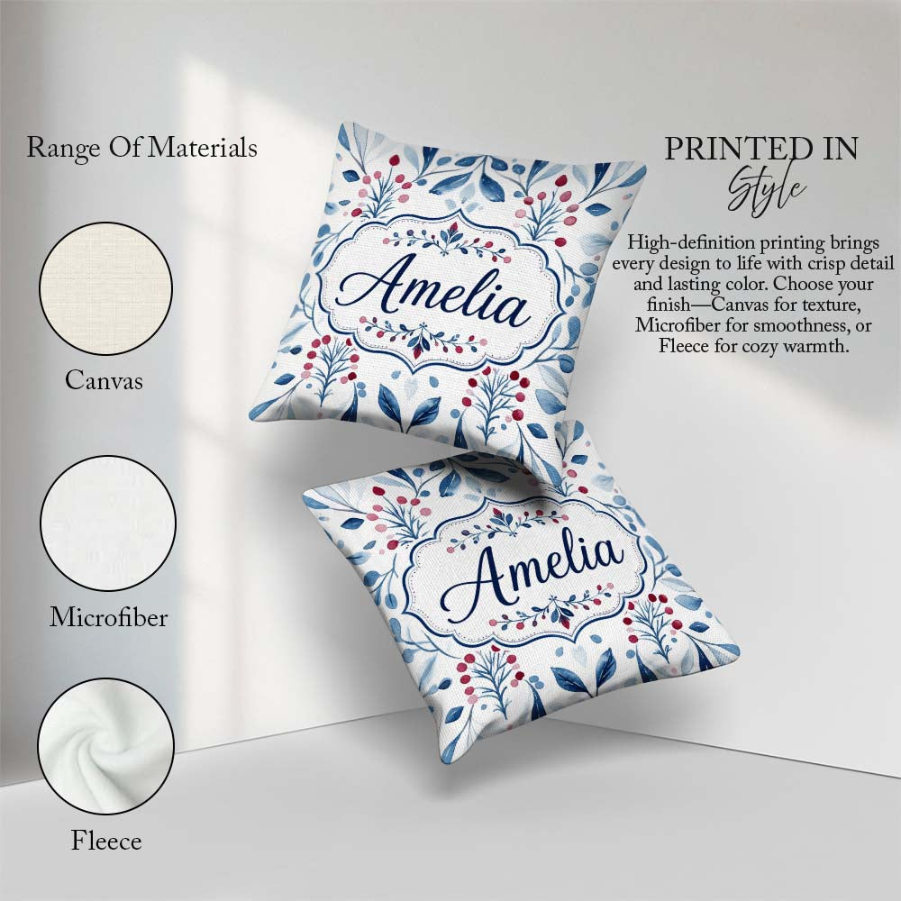 Custom Name Blue Red Berry Botanical Folk Art Seamless Name Cute Square Filled Cushion Throw Pillow Sofa Bed Home Decor Zip Washable UK Made