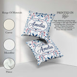 Custom Name Blue Red Berry Botanical Folk Art Seamless Name Cute Square Filled Cushion Throw Pillow Sofa Bed Home Decor Zip Washable UK Made