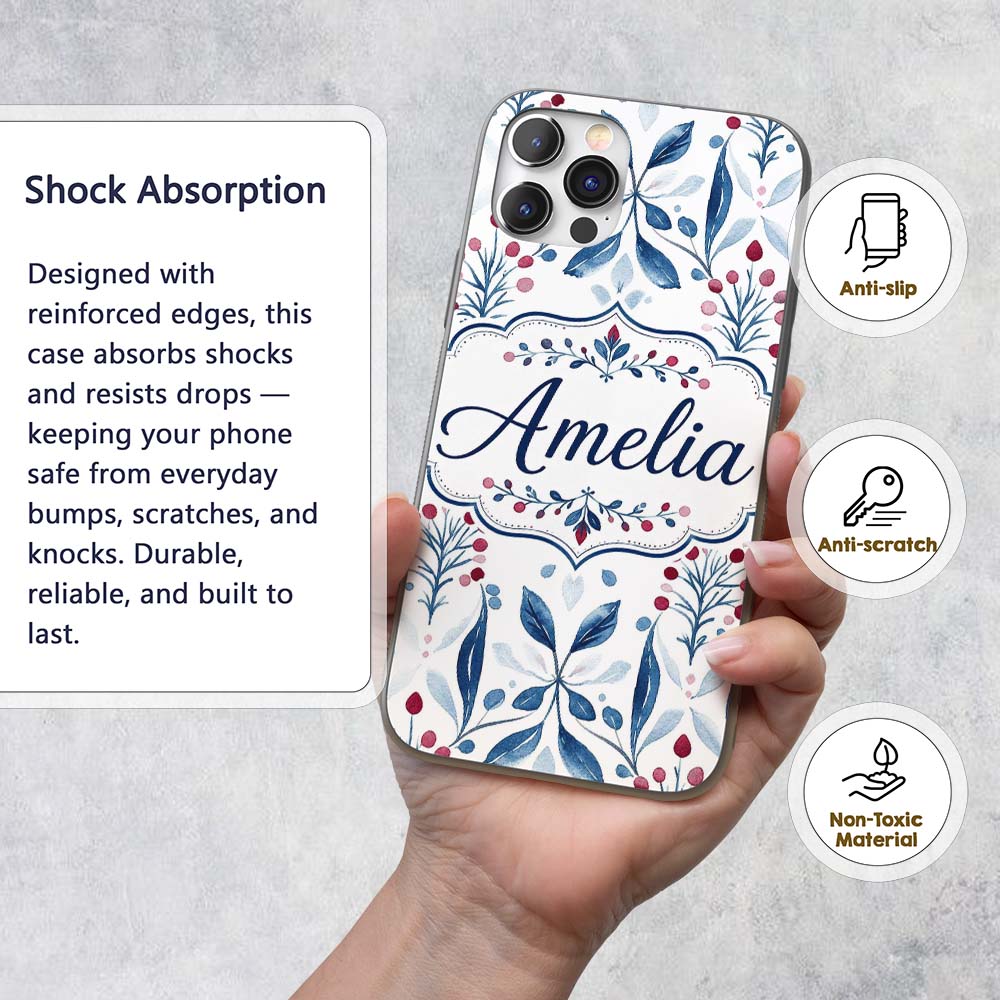 Blue Red Berry Botanical Folk Art Printed Design Custom Name Protective Phone Case Mobile Cover Durable Everyday Smartphone Shock Resistant