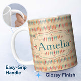 Personalized Custom Name Colorful Geometric Diamond Ikat Style Seamless Pattern Name Cute 11oz Ceramic Coffee Tea Mug White Large Handle