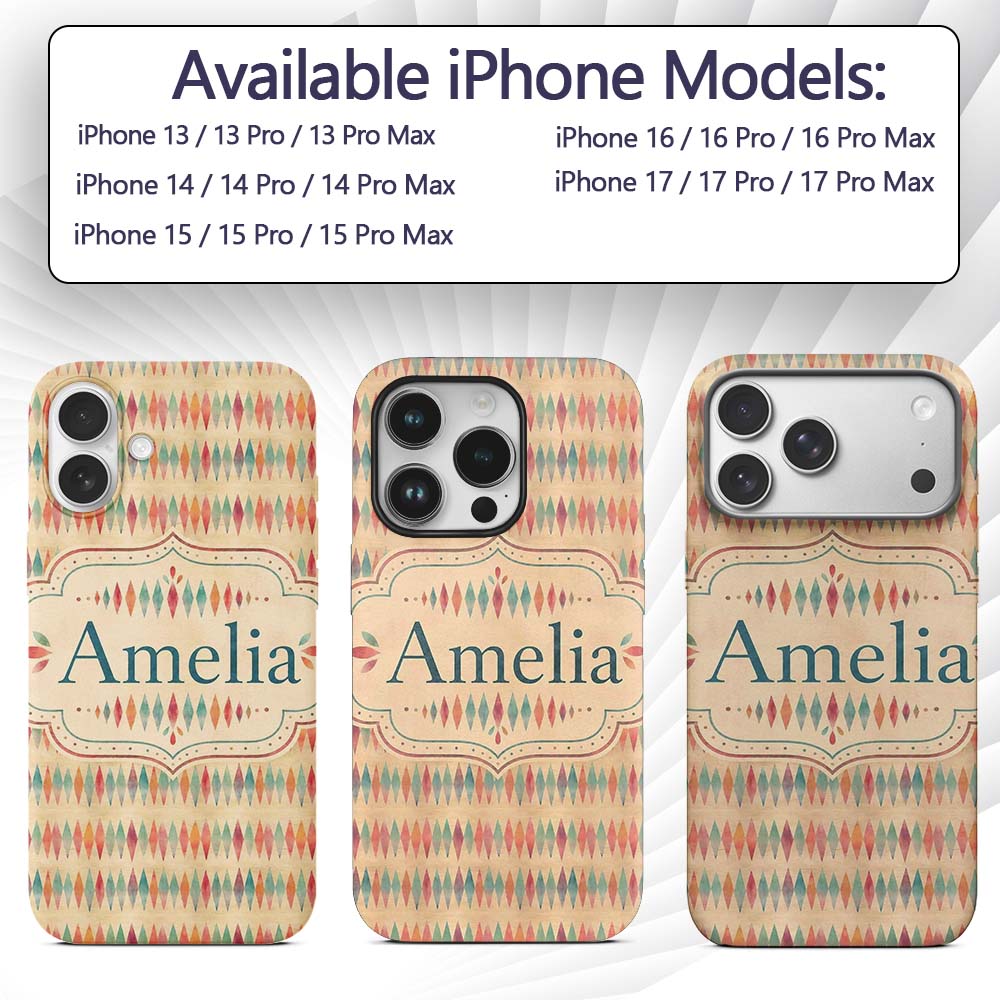 Colorful Geometric Diamond Ikat Style Seamless Custom Name Protective Phone Case Mobile Cover Durable Everyday Smartphone Shock Resistant