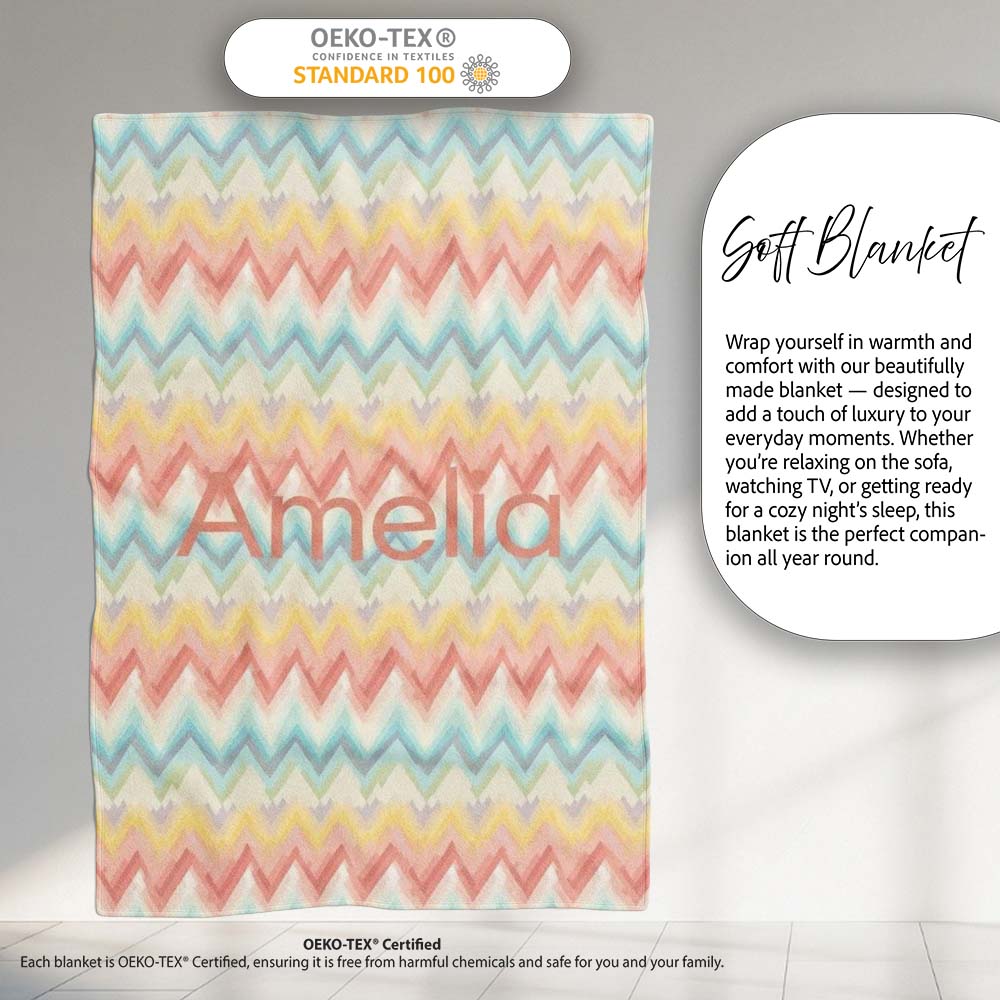 Pastel Chevron Zigzag Watercolor Seamless Pattern Name Cute Unique  Personalised Custom Name Super Soft Fleece Blanket Bed Sofa Throw