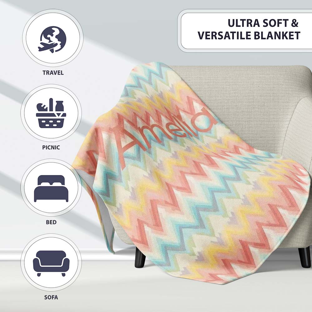 Pastel Chevron Zigzag Watercolor Seamless Pattern Name Cute Unique  Personalised Custom Name Super Soft Fleece Blanket Bed Sofa Throw