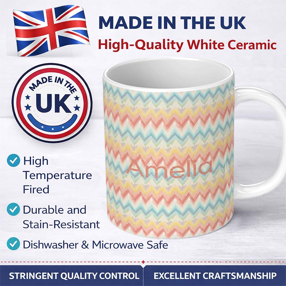 Personalized Custom Name Pastel Chevron Zigzag Watercolor Seamless Pattern Name Cute Unique 11oz Ceramic Coffee Tea Mug White Large Handle