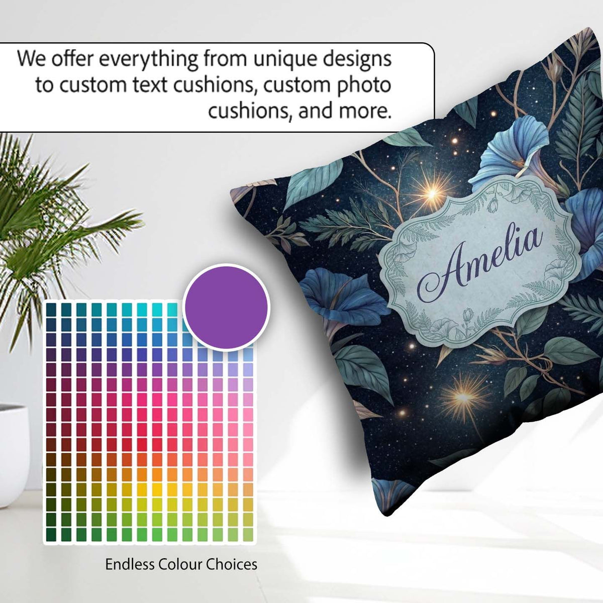 Custom Name Blue Floral Night Sky Botanical Stars Pattern Lovely Square Filled Cushion Throw Pillow Sofa Bed Home Decor Zip Washable UK Made