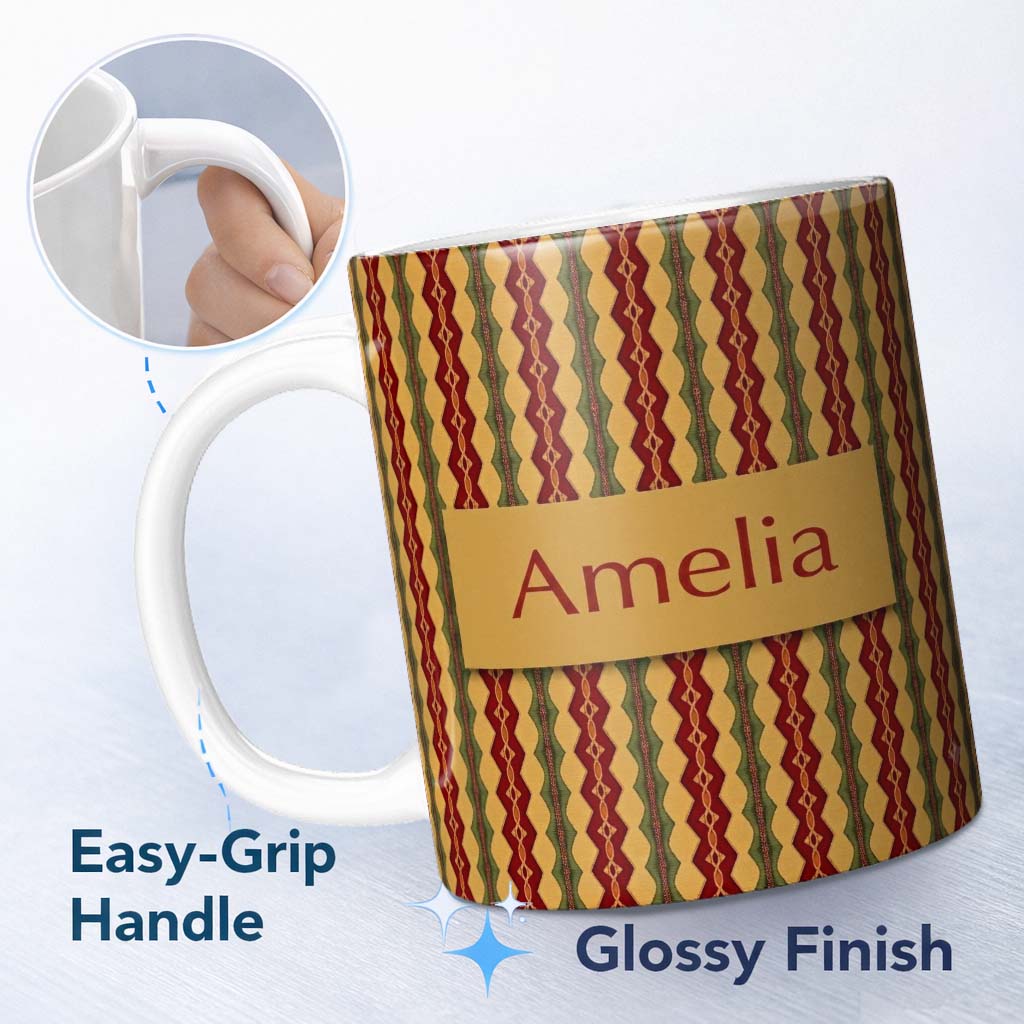 Personalized Custom Name Vintage Ethnic Stripe Red Green Woven Seamless Pattern Name Cute 11oz Ceramic Coffee Tea Mug White Large Handle