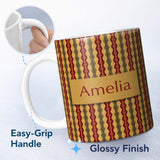 Personalized Custom Name Vintage Ethnic Stripe Red Green Woven Seamless Pattern Name Cute 11oz Ceramic Coffee Tea Mug White Large Handle