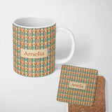 Personalized Custom Name Tribal Ikat Diamond Red Green Beige Seamless Pattern Name Cute 11oz Ceramic Coffee Tea Mug White Large Handle