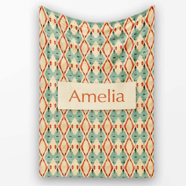 Tribal Ikat Diamond Red Green Beige Seamless Pattern Name Cute  Personalised Custom Name Super Soft Fleece Blanket Bed Sofa Throw
