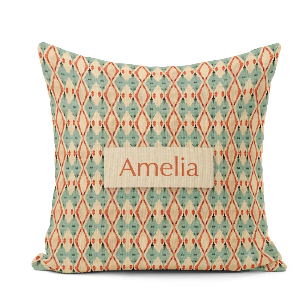 Custom Name Tribal Ikat Diamond Red Green Beige Seamless Pattern Square Filled Cushion Throw Pillow Sofa Bed Home Decor Zip Washable UK Made