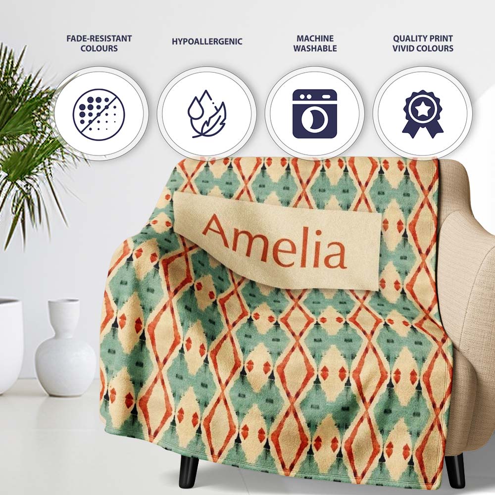 Tribal Ikat Diamond Red Green Beige Seamless Pattern Name Cute  Personalised Custom Name Super Soft Fleece Blanket Bed Sofa Throw