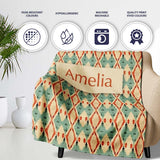 Tribal Ikat Diamond Red Green Beige Seamless Pattern Name Cute  Personalised Custom Name Super Soft Fleece Blanket Bed Sofa Throw