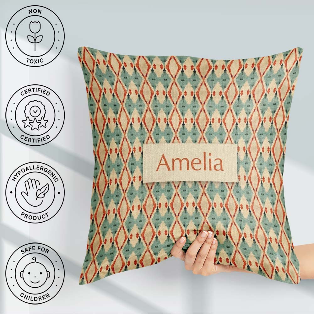 Custom Name Tribal Ikat Diamond Red Green Beige Seamless Pattern Square Filled Cushion Throw Pillow Sofa Bed Home Decor Zip Washable UK Made