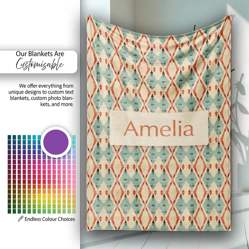 Tribal Ikat Diamond Red Green Beige Seamless Pattern Name Cute  Personalised Custom Name Super Soft Fleece Blanket Bed Sofa Throw