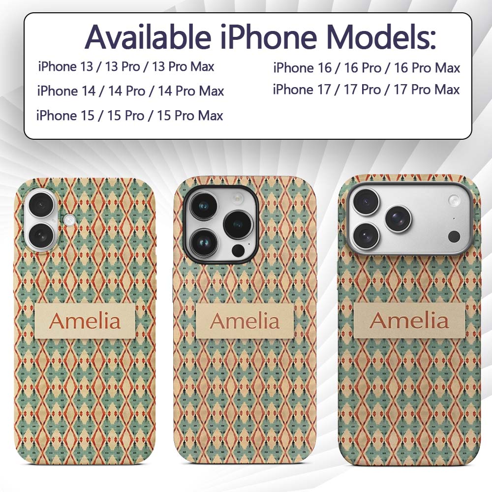 Tribal Ikat Diamond Red Green Beige Seamless Custom Name Protective Phone Case Mobile Cover Durable Everyday Smartphone Shock Resistant
