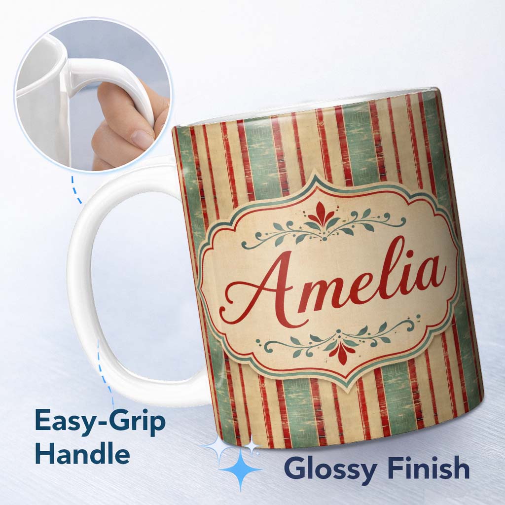 Personalized Custom Name Rustic Distressed Stripe Red Green Vintage Seamless Pattern Name 11oz Ceramic Coffee Tea Mug White Large Handle