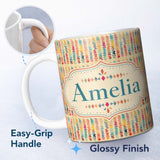 Personalized Custom Name Abstract Colorful Brushstroke Zigzag Seamless Pattern Name Cute 11oz Ceramic Coffee Tea Mug White Large Handle