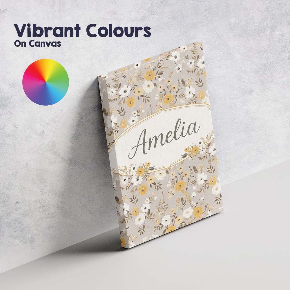 Personalised Name Yellow White Floral Meadow on Beige Seamless Custom Modern Room Accent Canvas Wall Art Print Decor Picture Ready to Hang