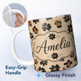 Personalized Custom Name Modern Minimal Floral and Leopard Mix Black FlowersTextured Beige 11oz Ceramic Coffee Tea Mug White Large Handle