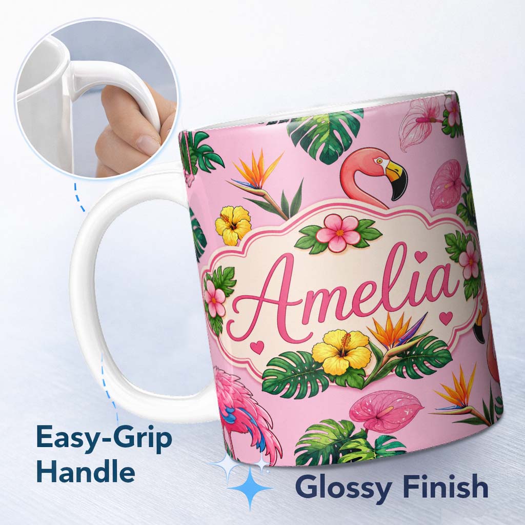 Personalized Custom Name Tropical Flamingo with Hibiscus Flowers and Leaves Blush Pink Lovely 11oz Ceramic Coffee Tea Mug White Large Handle