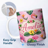 Personalized Custom Name Tropical Flamingo with Hibiscus Flowers and Leaves Blush Pink Lovely 11oz Ceramic Coffee Tea Mug White Large Handle