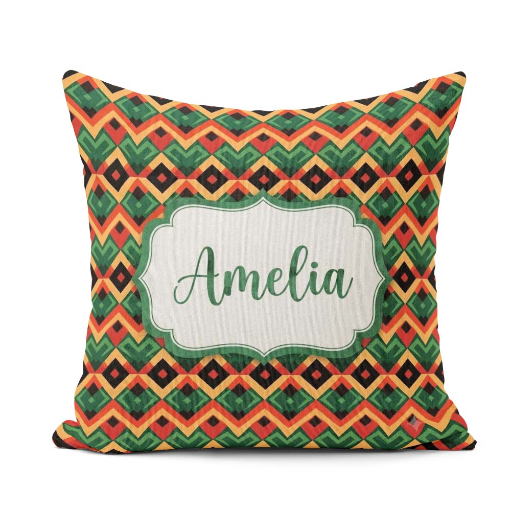 Custom Name Bold Geometric Tribal Diamond Red Green Pattern Name Square Filled Cushion Throw Pillow Sofa Bed Home Decor Zip Washable UK Made
