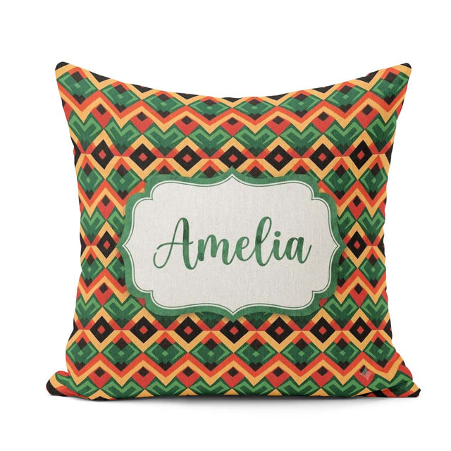 Custom Name Bold Geometric Tribal Diamond Red Green Pattern Name Square Filled Cushion Throw Pillow Sofa Bed Home Decor Zip Washable UK Made