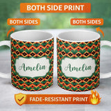 Personalized Custom Name Bold Geometric Tribal Diamond Red Green Seamless Pattern Name Cute 11oz Ceramic Coffee Tea Mug White Large Handle