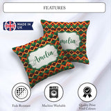 Custom Name Bold Geometric Tribal Diamond Red Green Pattern Name Square Filled Cushion Throw Pillow Sofa Bed Home Decor Zip Washable UK Made