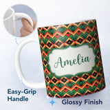 Personalized Custom Name Bold Geometric Tribal Diamond Red Green Seamless Pattern Name Cute 11oz Ceramic Coffee Tea Mug White Large Handle