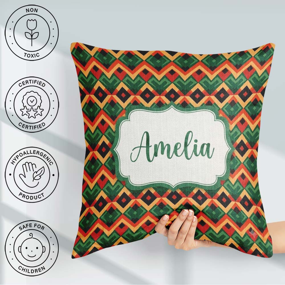 Custom Name Bold Geometric Tribal Diamond Red Green Pattern Name Square Filled Cushion Throw Pillow Sofa Bed Home Decor Zip Washable UK Made