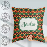 Custom Name Bold Geometric Tribal Diamond Red Green Pattern Name Square Filled Cushion Throw Pillow Sofa Bed Home Decor Zip Washable UK Made