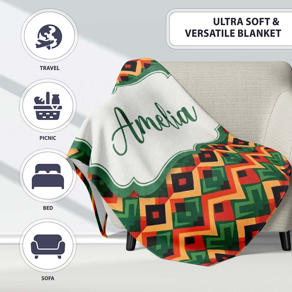 Bold Geometric Tribal Diamond Red Green Seamless Pattern Name Cute  Personalised Custom Name Super Soft Fleece Blanket Bed Sofa Throw
