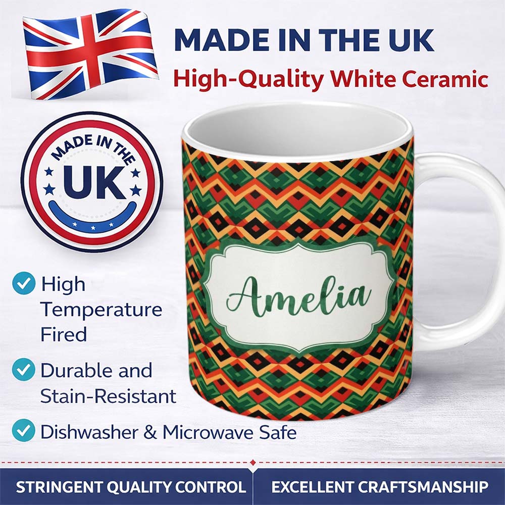 Personalized Custom Name Bold Geometric Tribal Diamond Red Green Seamless Pattern Name Cute 11oz Ceramic Coffee Tea Mug White Large Handle