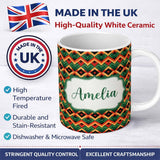 Personalized Custom Name Bold Geometric Tribal Diamond Red Green Seamless Pattern Name Cute 11oz Ceramic Coffee Tea Mug White Large Handle