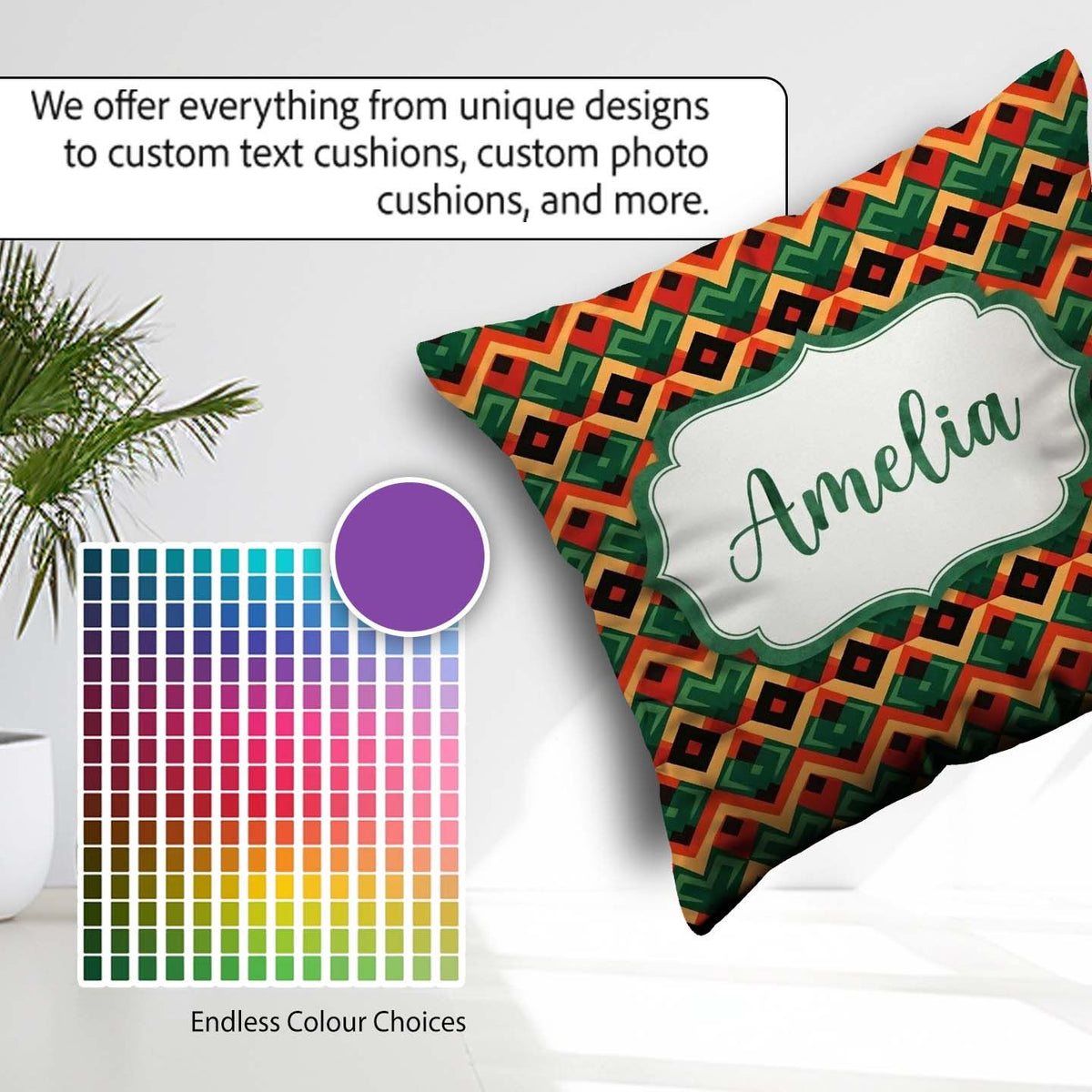 Custom Name Bold Geometric Tribal Diamond Red Green Pattern Name Square Filled Cushion Throw Pillow Sofa Bed Home Decor Zip Washable UK Made