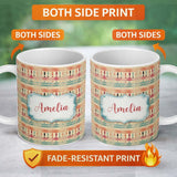 Personalized Custom Name Rustic Aztec Stripe Ethnic Distressed Seamless Pattern Name Cute 11oz Ceramic Coffee Tea Mug White Large Handle