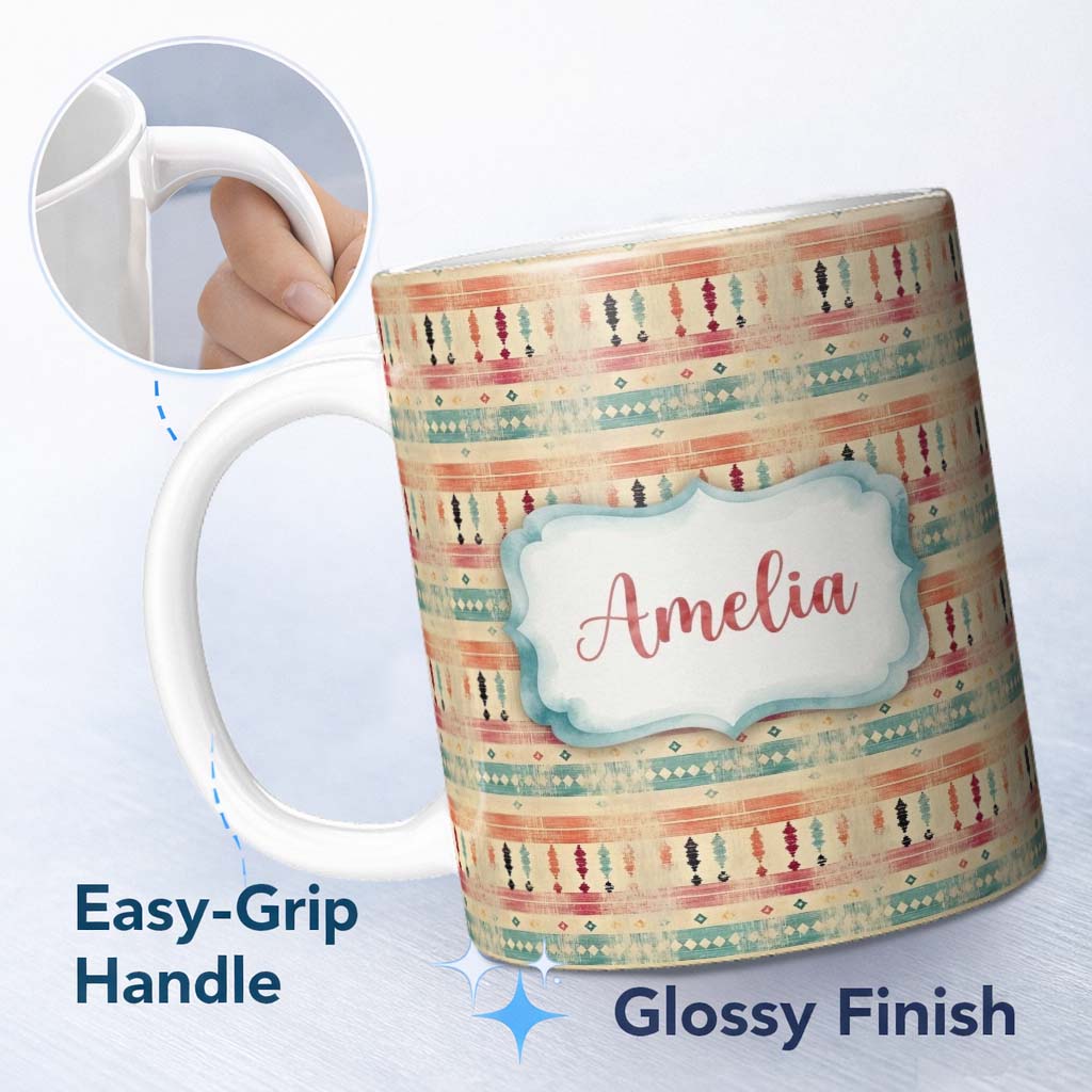 Personalized Custom Name Rustic Aztec Stripe Ethnic Distressed Seamless Pattern Name Cute 11oz Ceramic Coffee Tea Mug White Large Handle