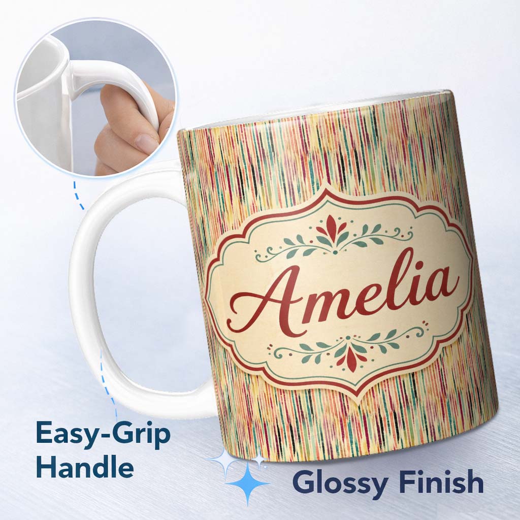 Personalized Custom Name Colorful Abstract Vertical Stripe Brushstroke Seamless Pattern Name 11oz Ceramic Coffee Tea Mug White Large Handle