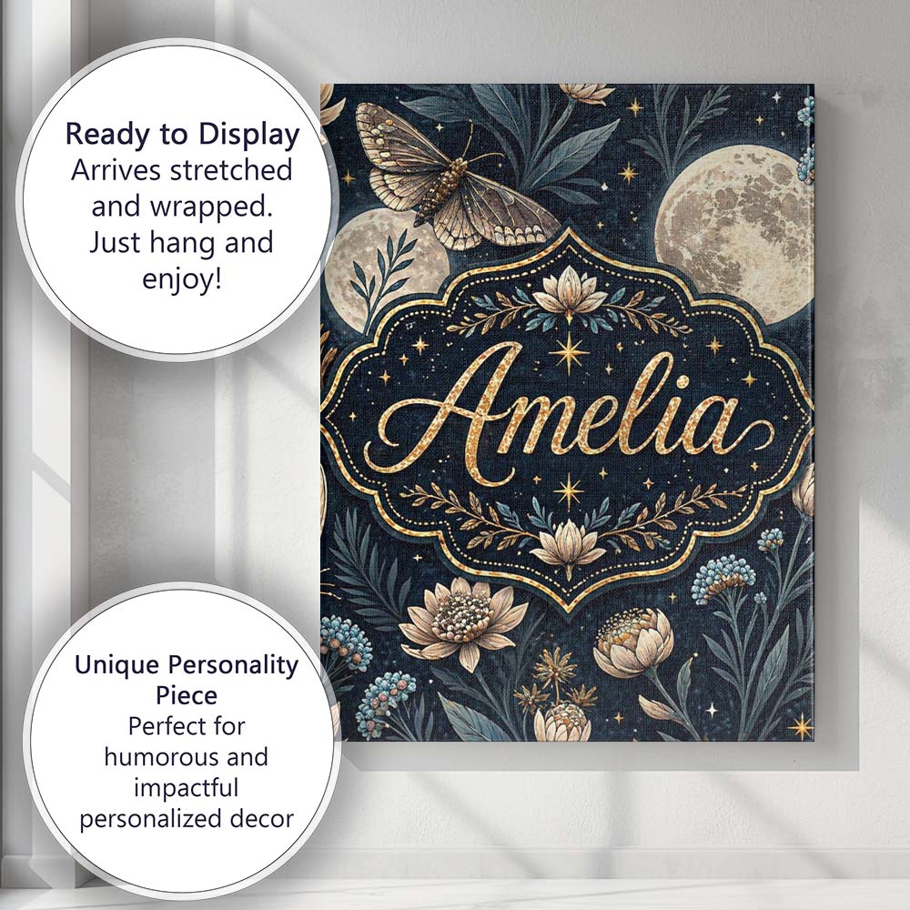 Personalised Name Celestial Moth Full Moon Floral Night Seamless Custom  Interior Canvas Wall Art Print Decor Picture Ready to Hang