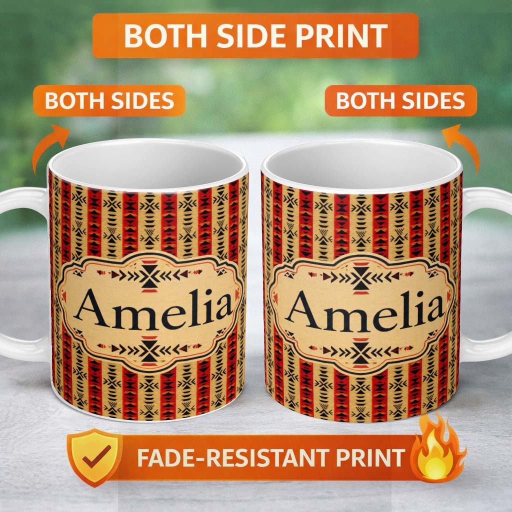 Personalized Custom Name Tribal Red Black Geometric Stripe Ethnic Seamless Pattern Custom 11oz Ceramic Coffee Tea Mug White Large Handle
